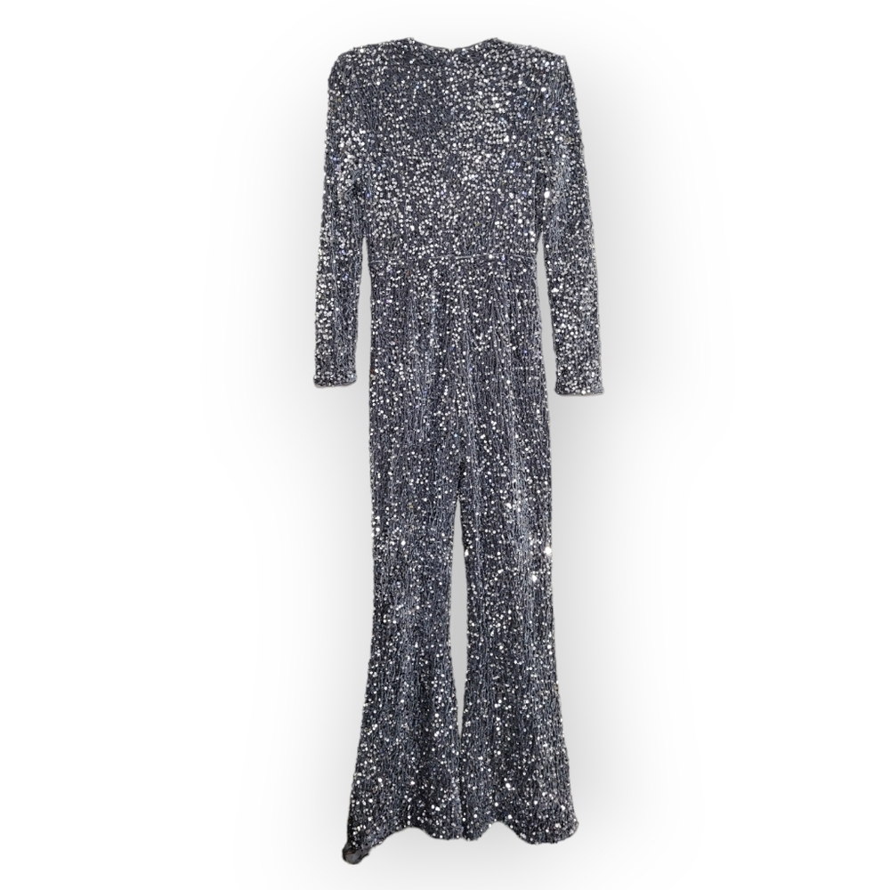 FAERIESTY V-Neck Long Sleeve Sequin Jumpsuit Silver Gray Small - Picture 6 of 9
